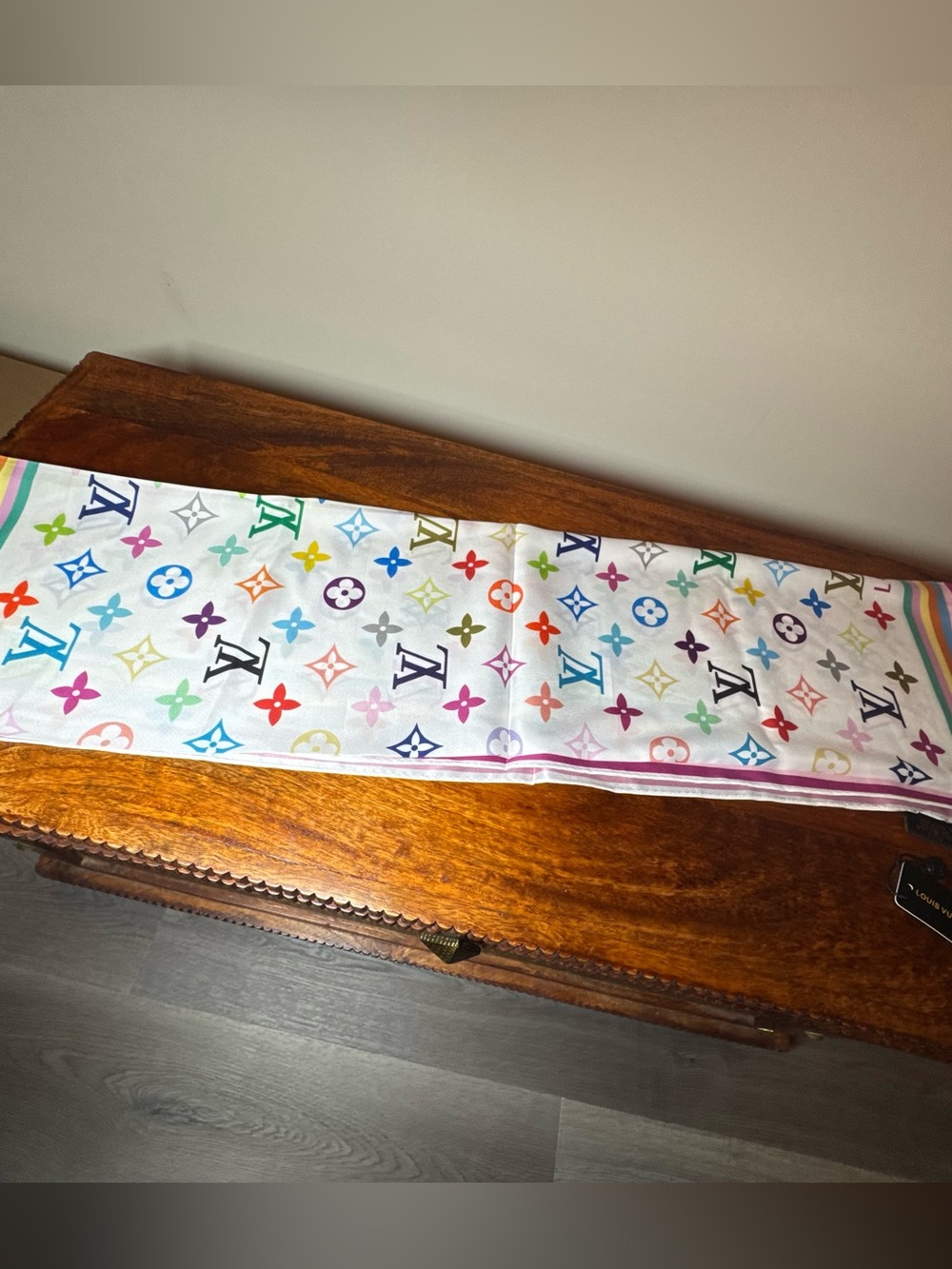 White Multicolor Scarf. No Brand. 
Approx 32 inches X 32 inches.